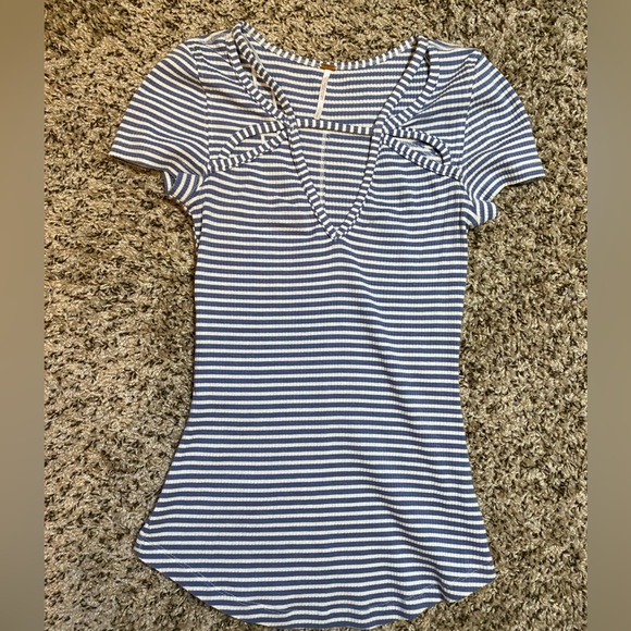 Free People Tops - Free People Blue & White Striped Short Sleeve V Neck
